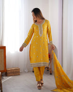 Teeya Creation Yellow Color Chinnon Silk Heavy Embroidery Work Fully Stitched Salwar Suit | Grocsy
