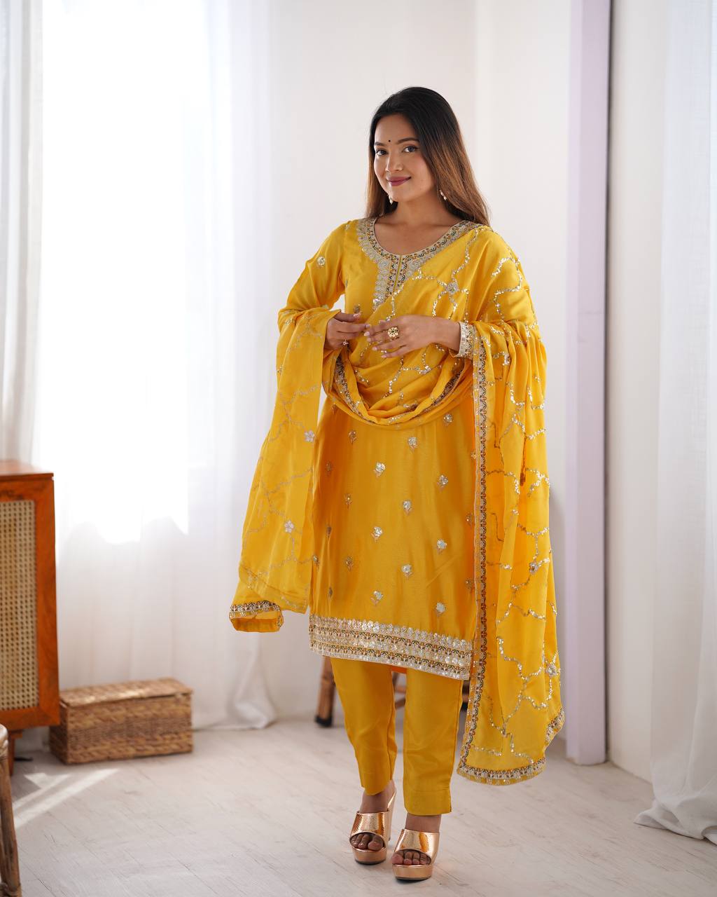 Teeya Creation Yellow Color Chinnon Silk Heavy Embroidery Work Fully Stitched Salwar Suit | Grocsy
