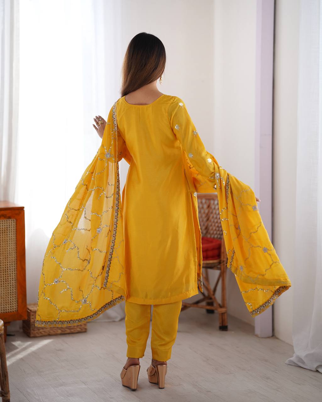 Teeya Creation Yellow Color Chinnon Silk Heavy Embroidery Work Fully Stitched Salwar Suit | Grocsy