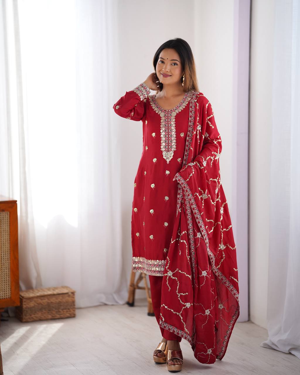 Teeya Creation Red Color Chinnon Silk Heavy Embroidery Work Fully Stitched Salwar Suit | Grocsy