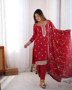Teeya Creation Red Color Chinnon Silk Heavy Embroidery Work Fully Stitched Salwar Suit | Grocsy
