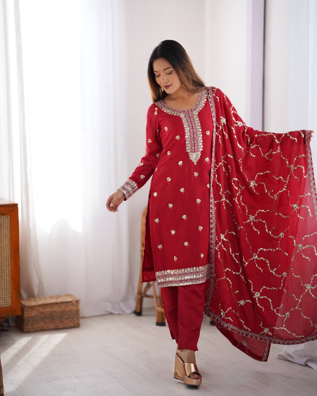 Teeya Creation Red Color Chinnon Silk Heavy Embroidery Work Fully Stitched Salwar Suit | Grocsy