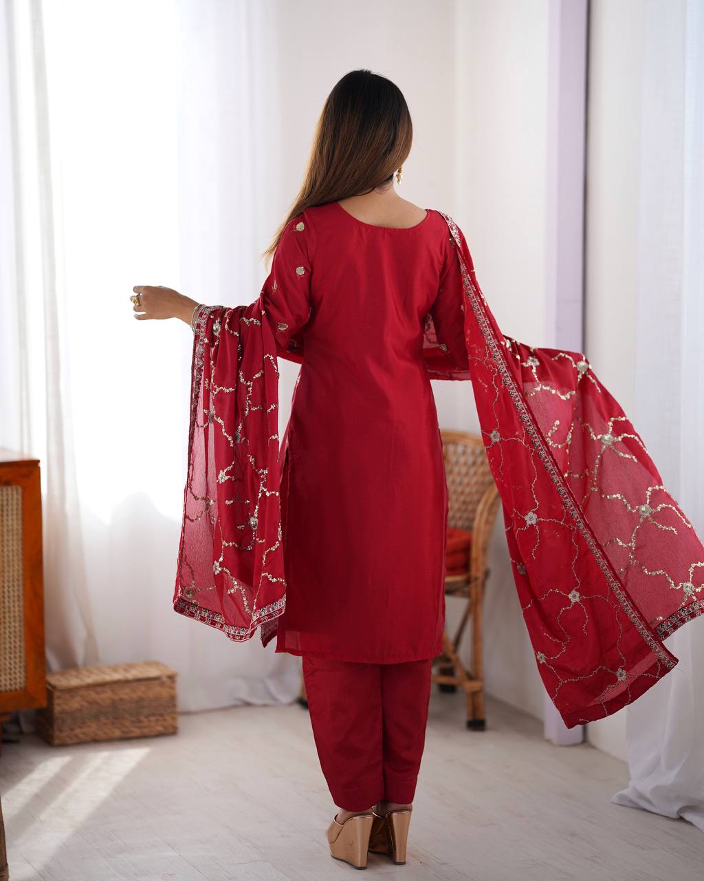 Teeya Creation Red Color Chinnon Silk Heavy Embroidery Work Fully Stitched Salwar Suit | Grocsy