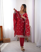 Teeya Creation Red Color Chinnon Silk Heavy Embroidery Work Fully Stitched Salwar Suit | Grocsy