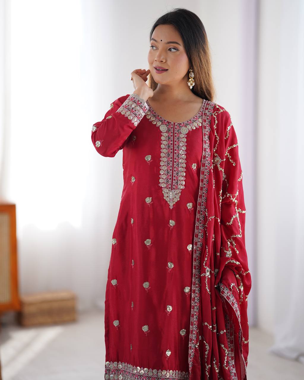 Teeya Creation Red Color Chinnon Silk Heavy Embroidery Work Fully Stitched Salwar Suit | Grocsy