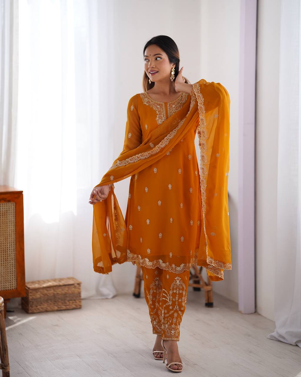 Teeya Creation Mustard Color Faux Georgette Heavy Embroidery Work Fully Stitched Salwar Suit | Grocsy