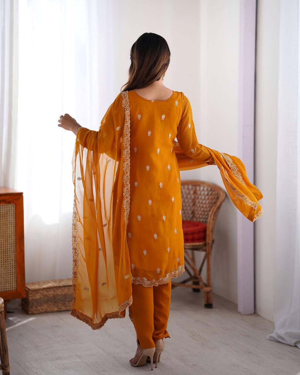 Teeya Creation Mustard Color Faux Georgette Heavy Embroidery Work Fully Stitched Salwar Suit | Grocsy