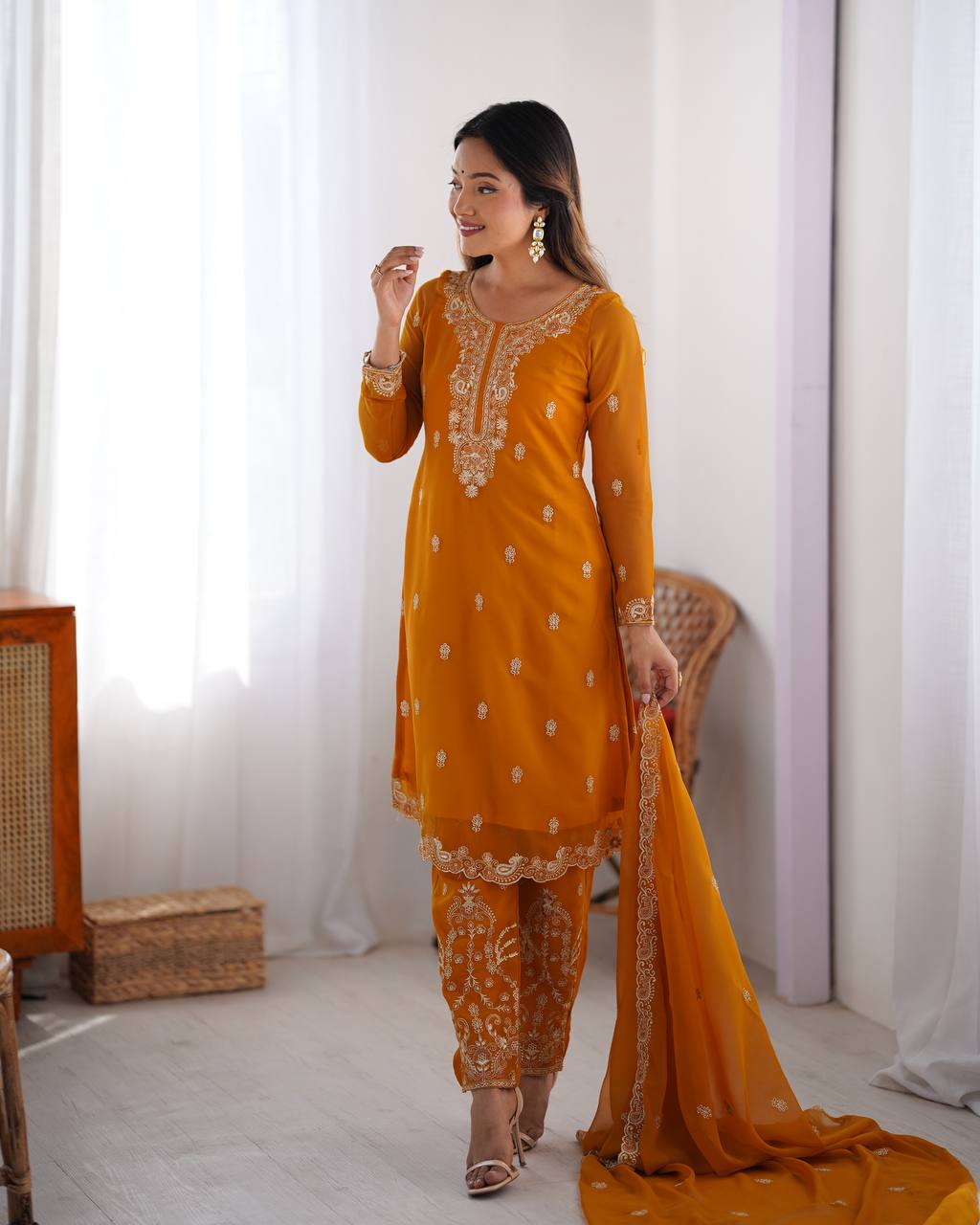 Teeya Creation Mustard Color Faux Georgette Heavy Embroidery Work Fully Stitched Salwar Suit | Grocsy