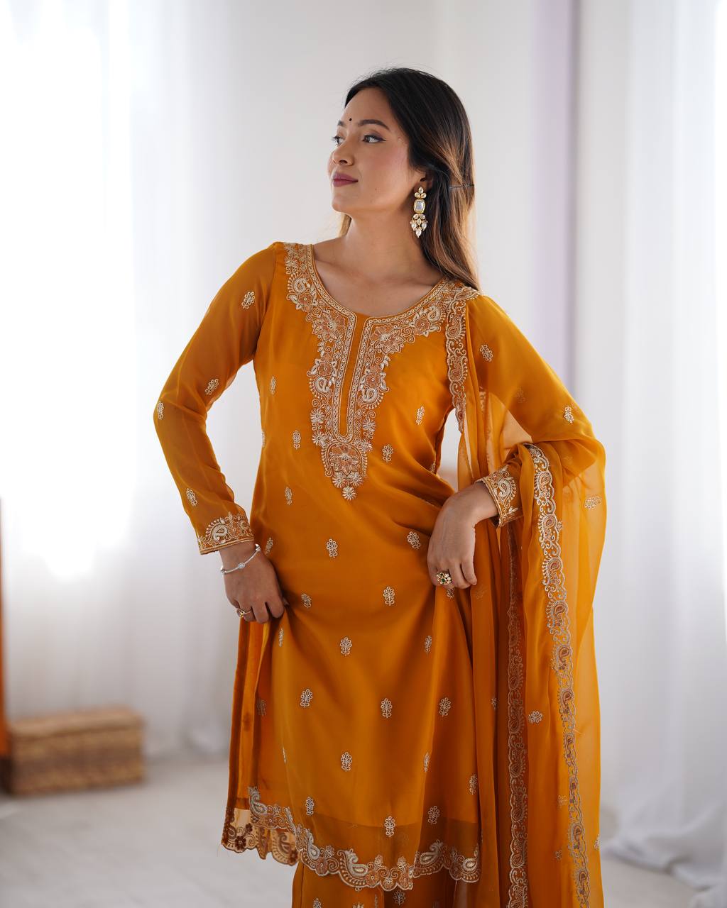 Teeya Creation Mustard Color Faux Georgette Heavy Embroidery Work Fully Stitched Salwar Suit | Grocsy
