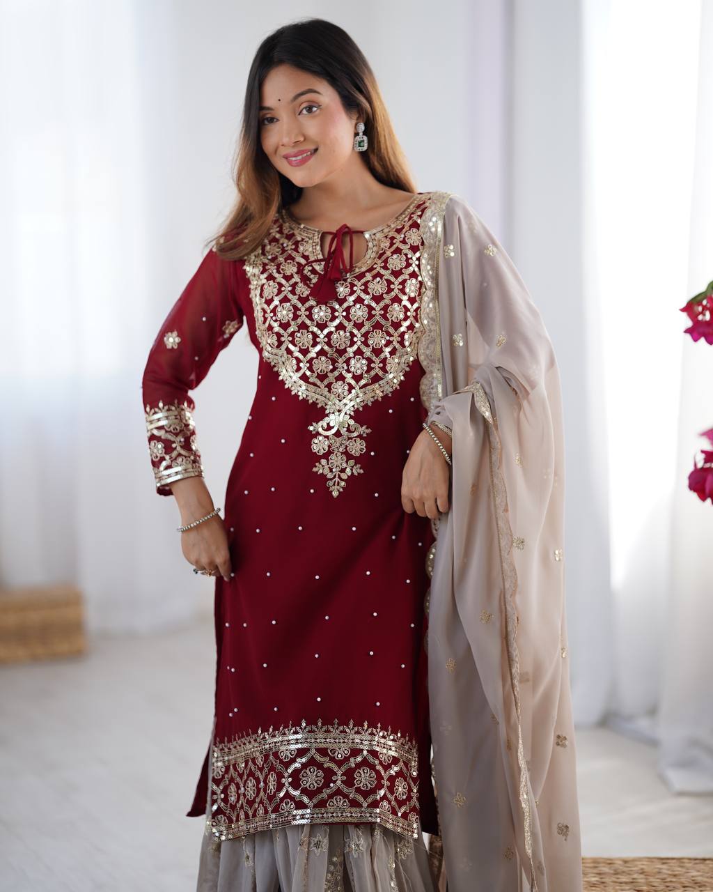 Teeya Creation Red Color Faux Georgette Embroidery Work Fully Stitched Salwar Suit | Grocsy
