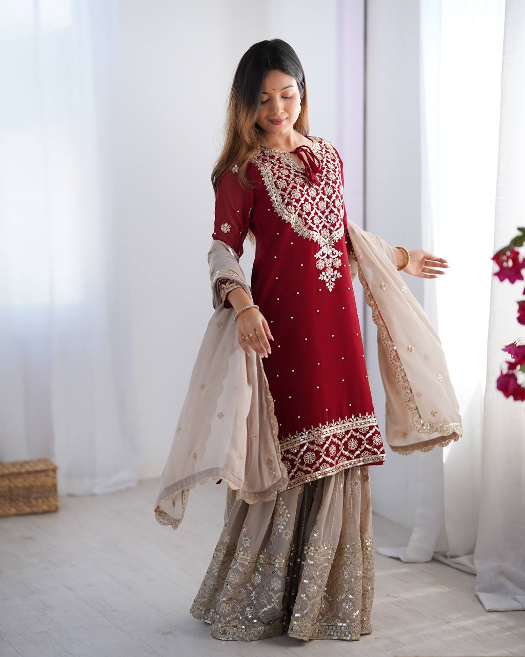 Teeya Creation Red Color Faux Georgette Embroidery Work Fully Stitched Salwar Suit | Grocsy