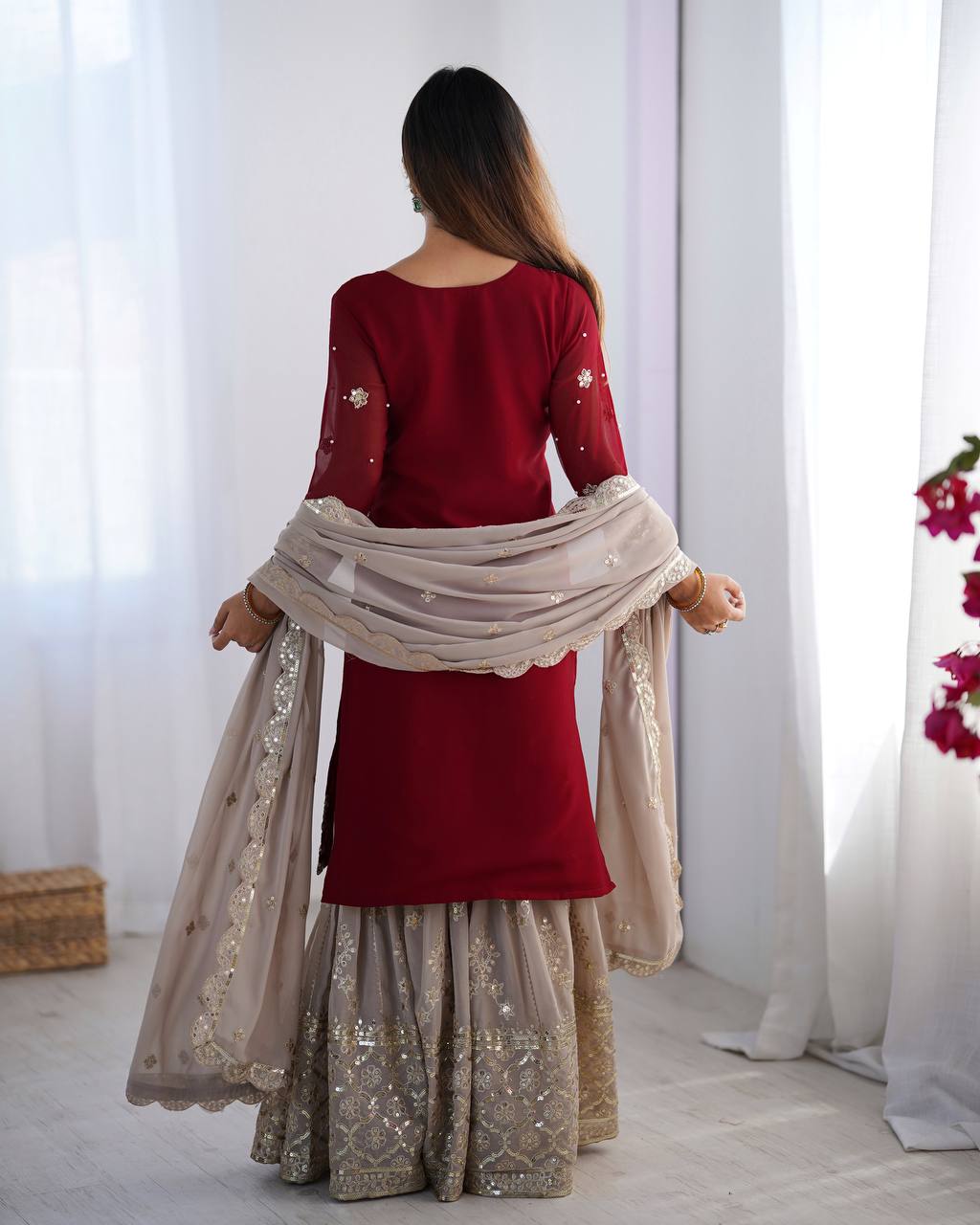 Teeya Creation Red Color Faux Georgette Embroidery Work Fully Stitched Salwar Suit | Grocsy