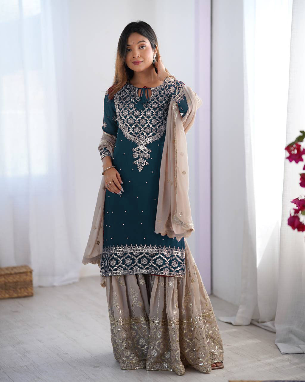 Teeya Creation Teal Color Faux Georgette Embroidery Work Fully Stitched Salwar Suit | Grocsy