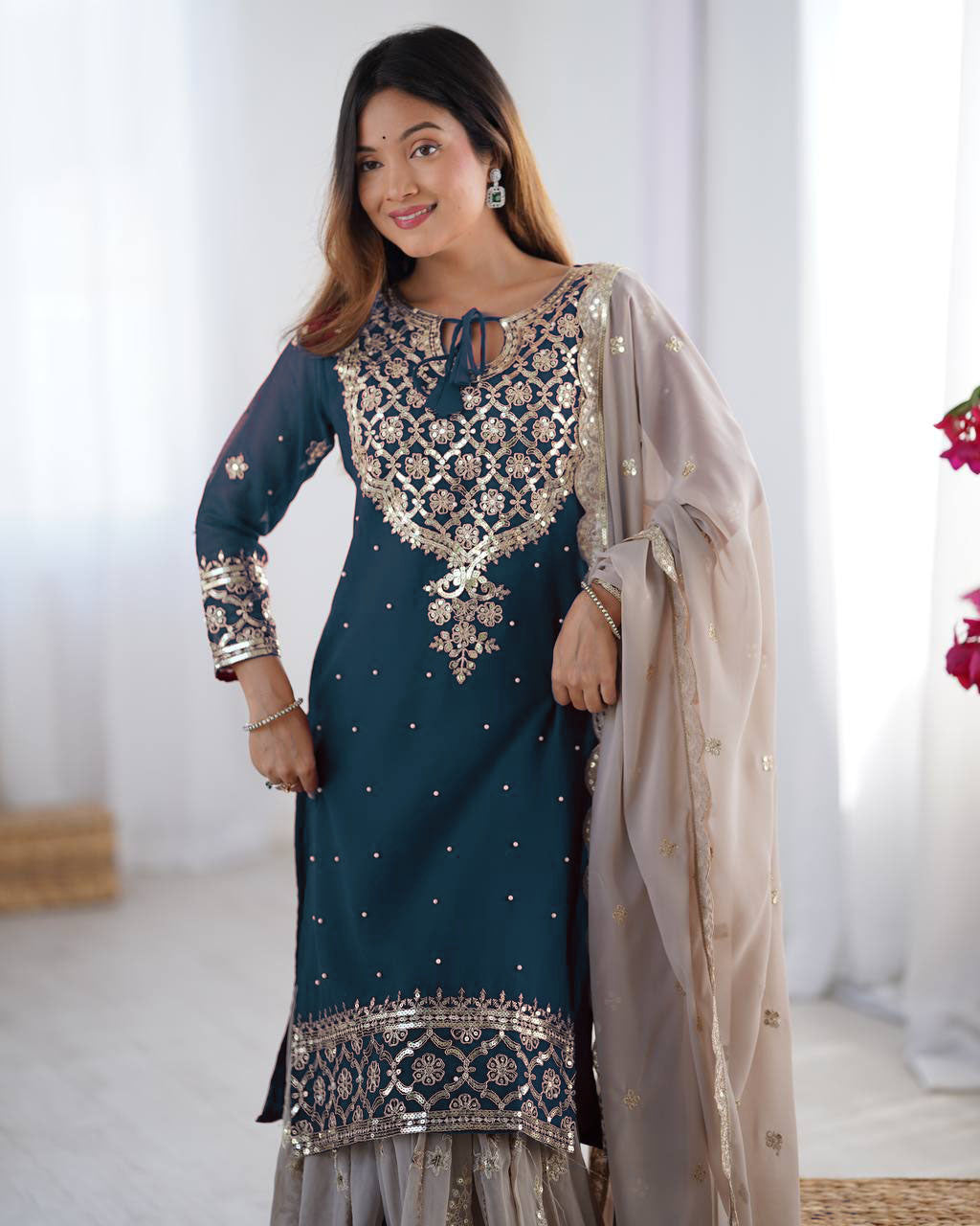 Teeya Creation Teal Color Faux Georgette Embroidery Work Fully Stitched Salwar Suit | Grocsy
