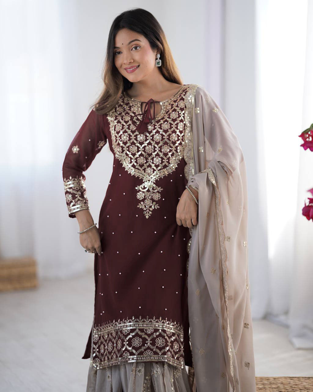 Teeya Creation Maroon Color Faux Georgette Embroidery Work Fully Stitched Salwar Suit | Grocsy