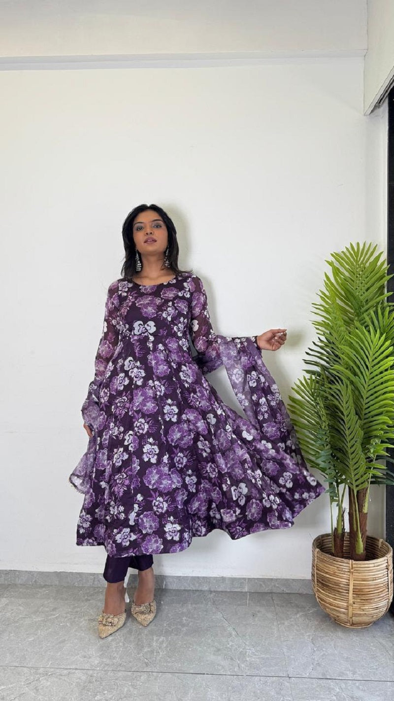 Teeya Creation Multi Color Pure Soft Organza Digital Print Fully Stitched Gown | Grocsy