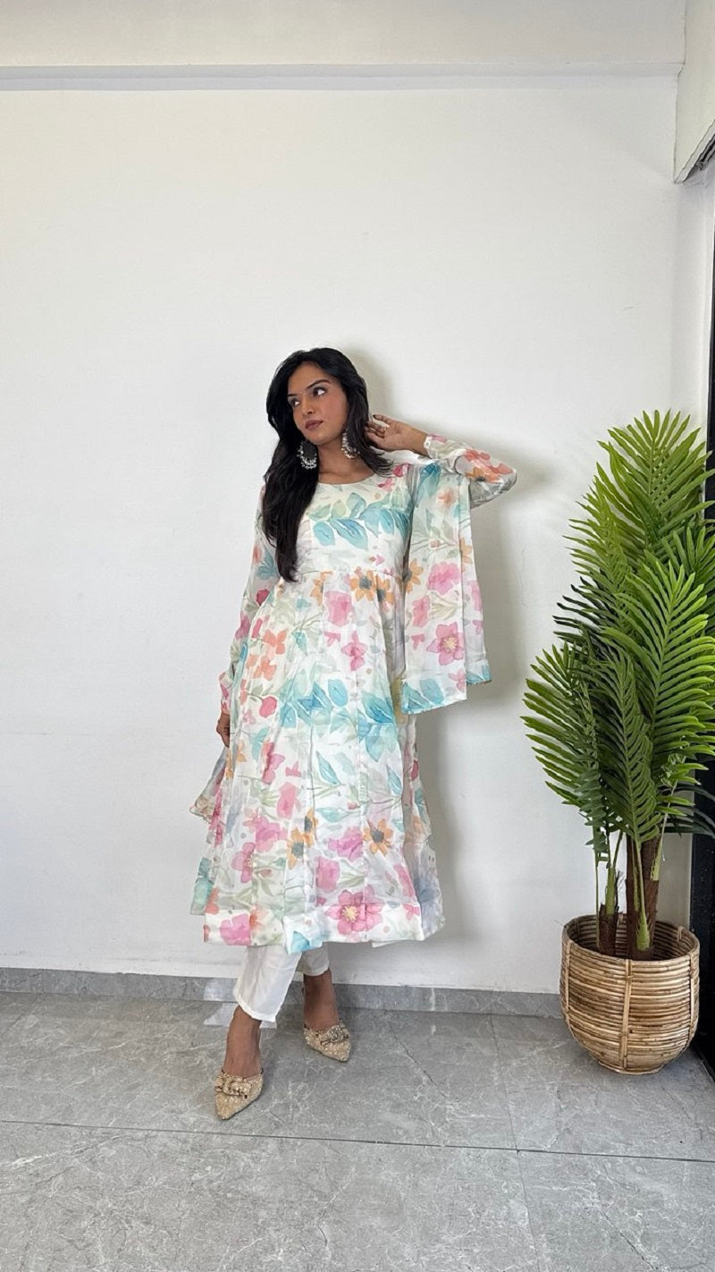 Teeya Creation Multi Color Pure Soft Organza Digital Print Fully Stitched Gown | Grocsy