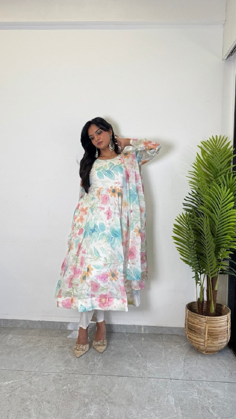 Teeya Creation Multi Color Pure Soft Organza Digital Print Fully Stitched Gown | Grocsy