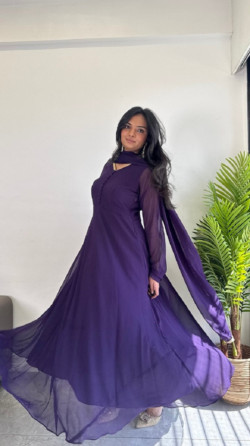 Teeya Creation Purple Color Faux Georgette Digital Print Fully Stitched Gown | Grocsy