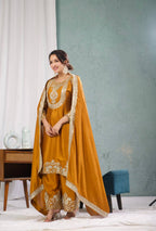 Teeya Creation Yellow Color Chinnon Silk Embroidery Work Fully Stitched Plazo Pair | Grocsy