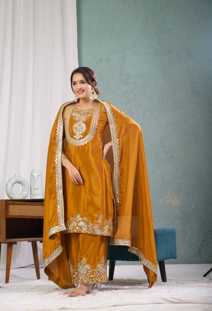 Teeya Creation Yellow Color Chinnon Silk Embroidery Work Fully Stitched Plazo Pair | Grocsy