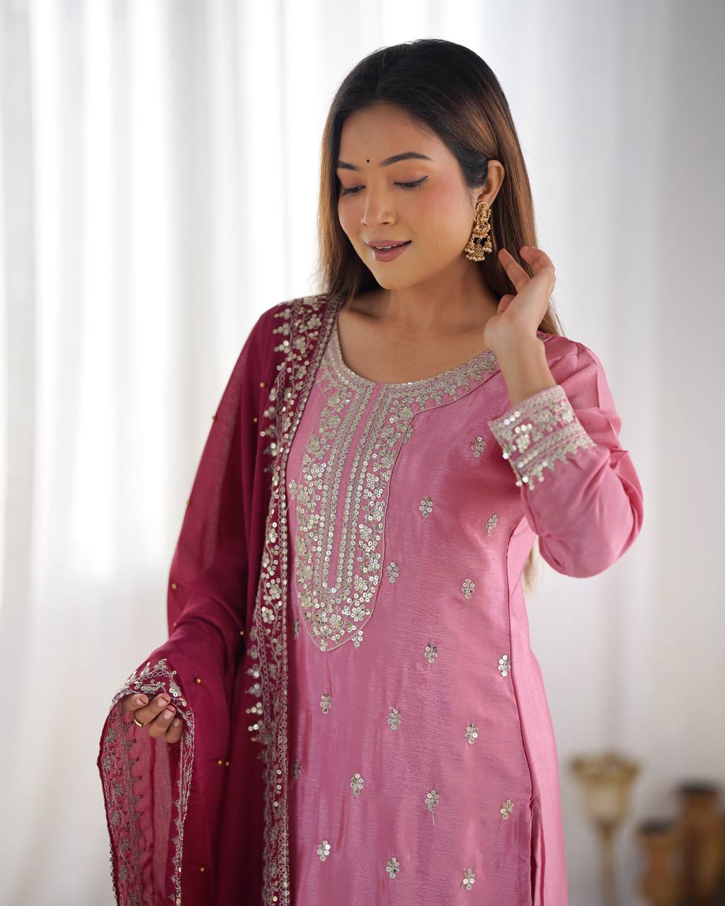 Teeya Creation Baby Pink Color Chinnon Silk Embroidery Work Fully Stitched Salwar Suit | Grocsy