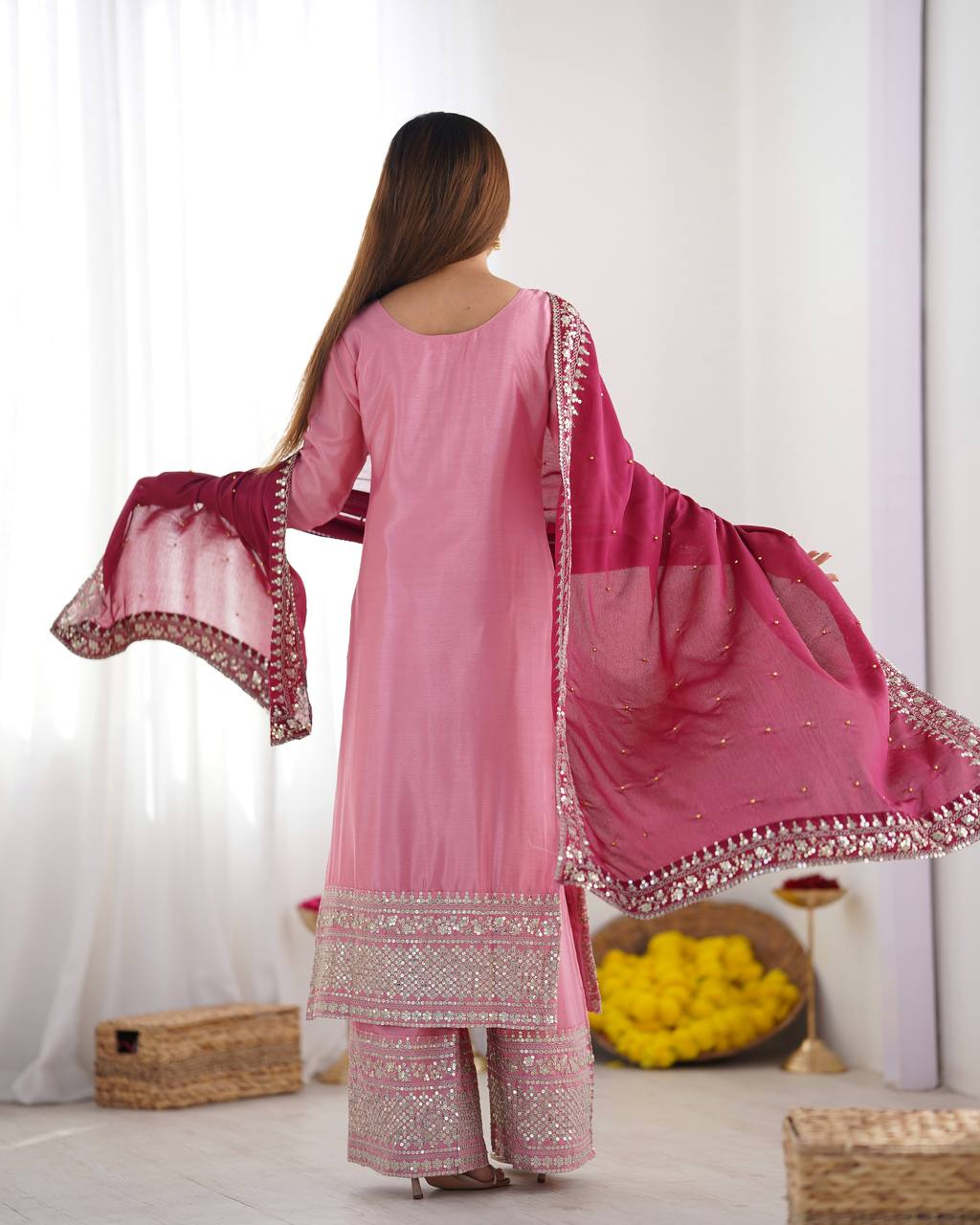 Teeya Creation Baby Pink Color Chinnon Silk Embroidery Work Fully Stitched Salwar Suit | Grocsy