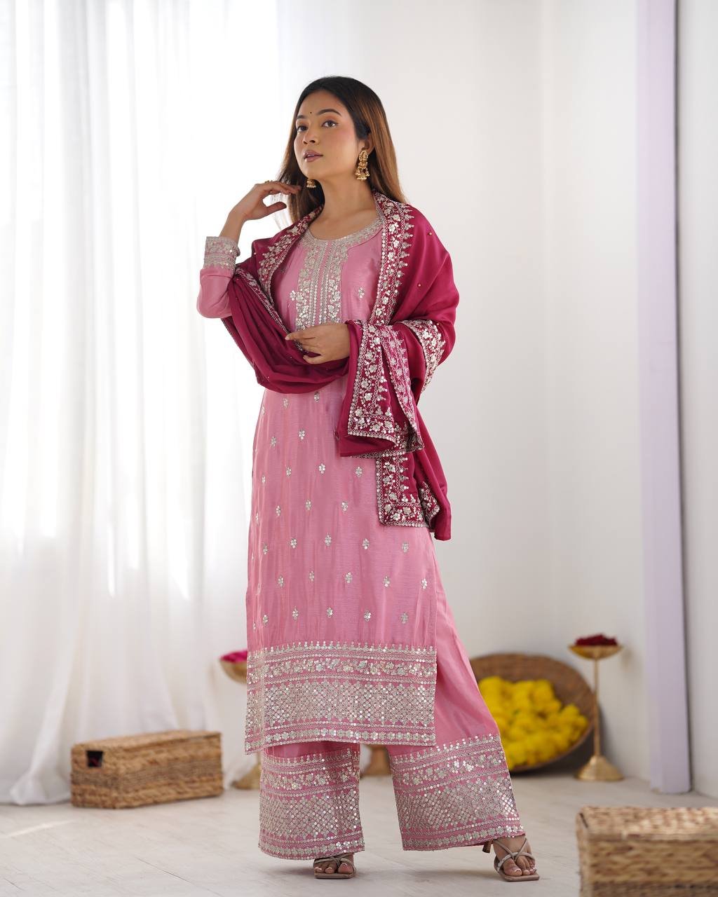 Teeya Creation Baby Pink Color Chinnon Silk Embroidery Work Fully Stitched Salwar Suit | Grocsy