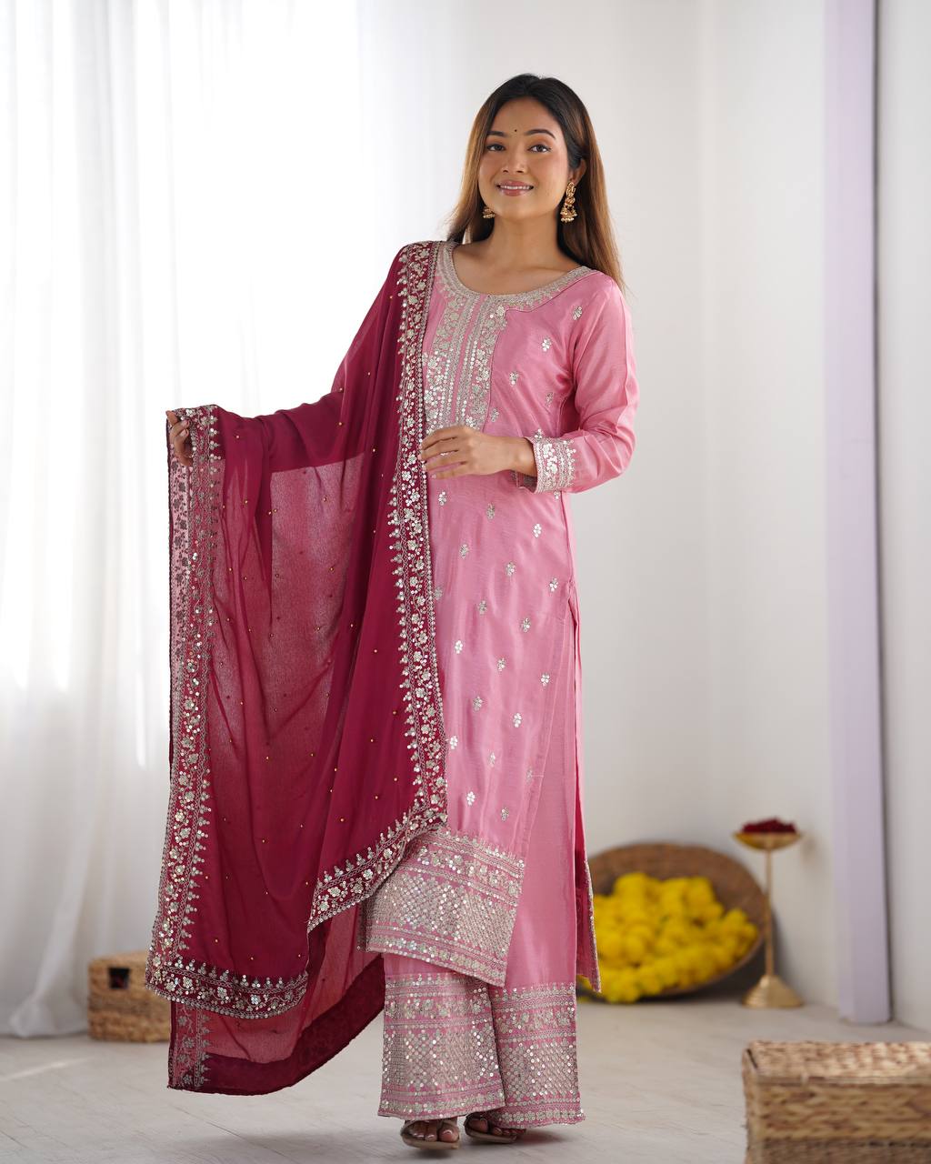 Teeya Creation Baby Pink Color Chinnon Silk Embroidery Work Fully Stitched Salwar Suit | Grocsy