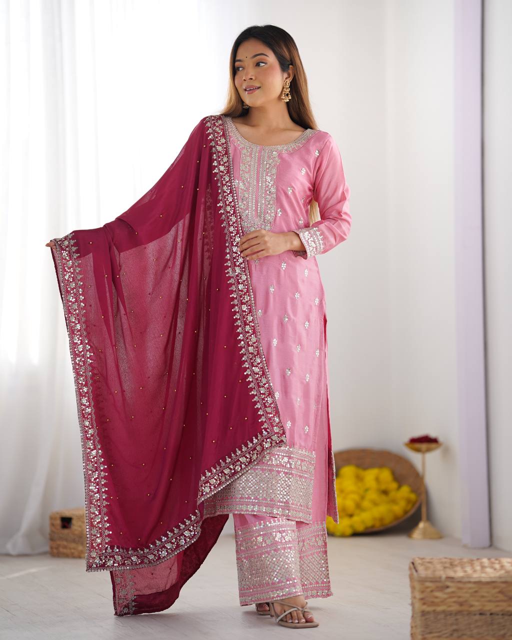 Teeya Creation Baby Pink Color Chinnon Silk Embroidery Work Fully Stitched Salwar Suit | Grocsy