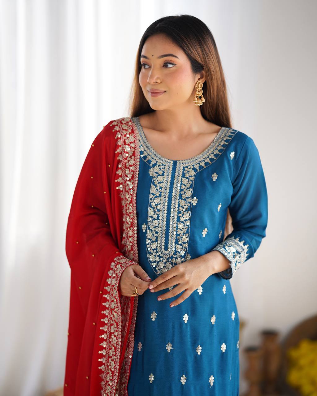 Teeya Creation Blue Color Chinnon Silk Embroidery Work Fully Stitched Salwar Suit | Grocsy