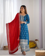 Teeya Creation Blue Color Chinnon Silk Embroidery Work Fully Stitched Salwar Suit | Grocsy