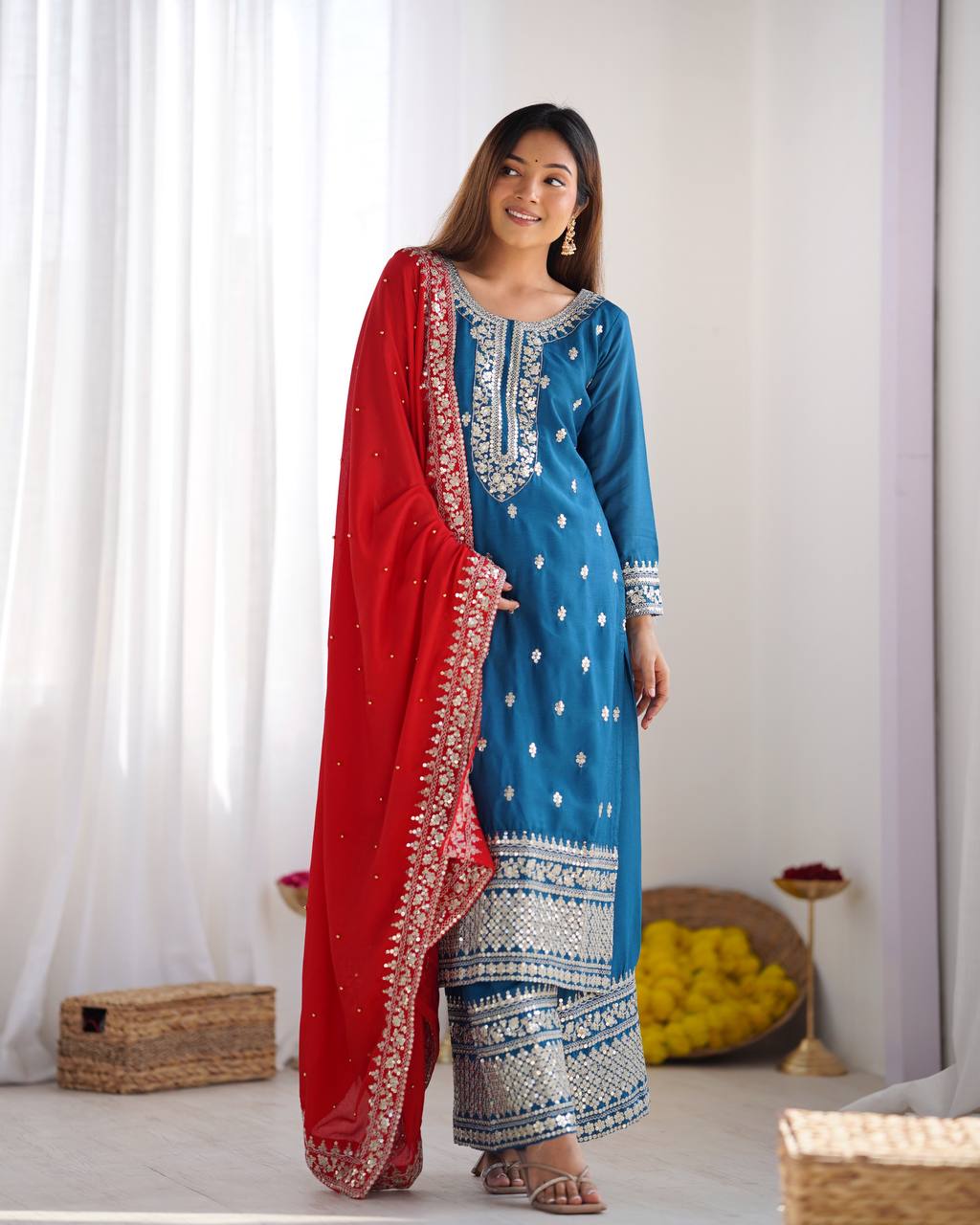Teeya Creation Blue Color Chinnon Silk Embroidery Work Fully Stitched Salwar Suit | Grocsy