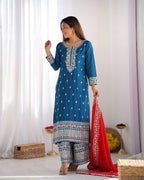 Teeya Creation Blue Color Chinnon Silk Embroidery Work Fully Stitched Salwar Suit | Grocsy
