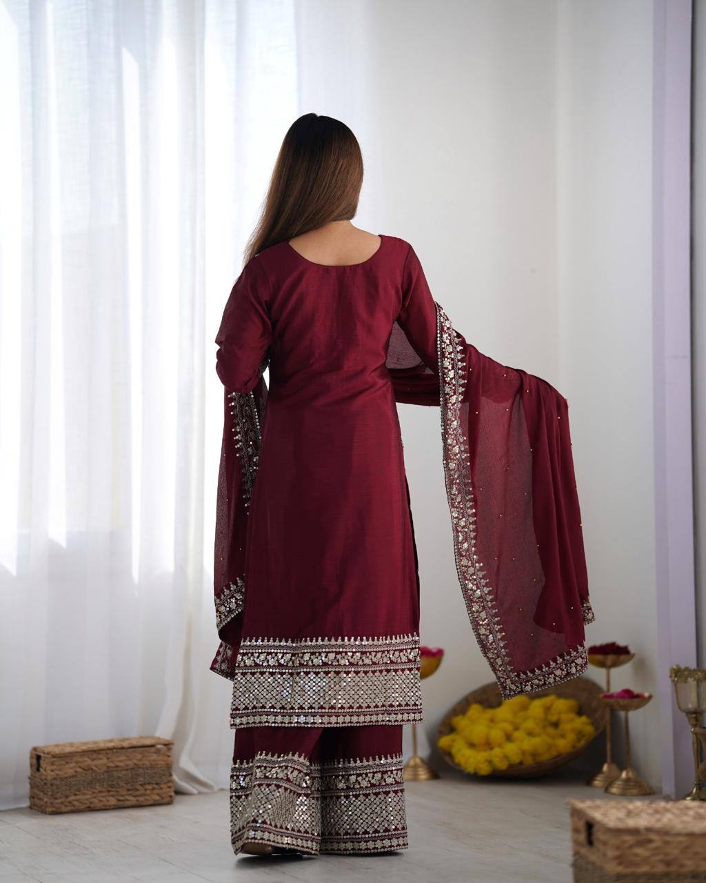 Teeya Creation Maroon Color Chinnon Silk Embroidery Work Fully Stitched Salwar Suit | Grocsy
