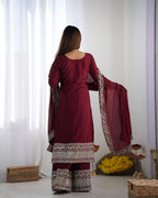 Teeya Creation Maroon Color Chinnon Silk Embroidery Work Fully Stitched Salwar Suit | Grocsy