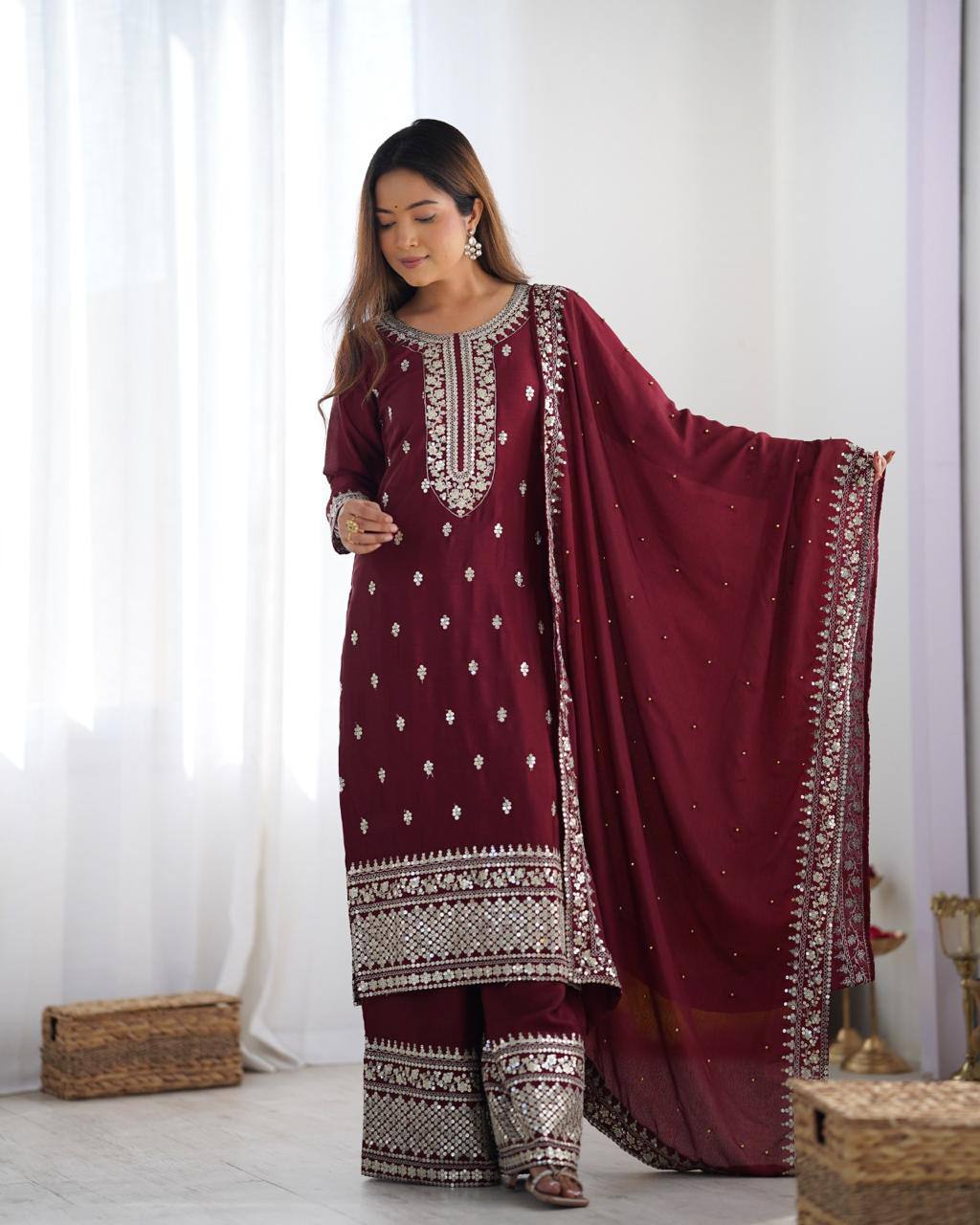 Teeya Creation Maroon Color Chinnon Silk Embroidery Work Fully Stitched Salwar Suit | Grocsy