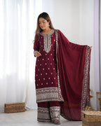 Teeya Creation Maroon Color Chinnon Silk Embroidery Work Fully Stitched Salwar Suit | Grocsy