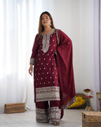 Teeya Creation Maroon Color Chinnon Silk Embroidery Work Fully Stitched Salwar Suit | Grocsy