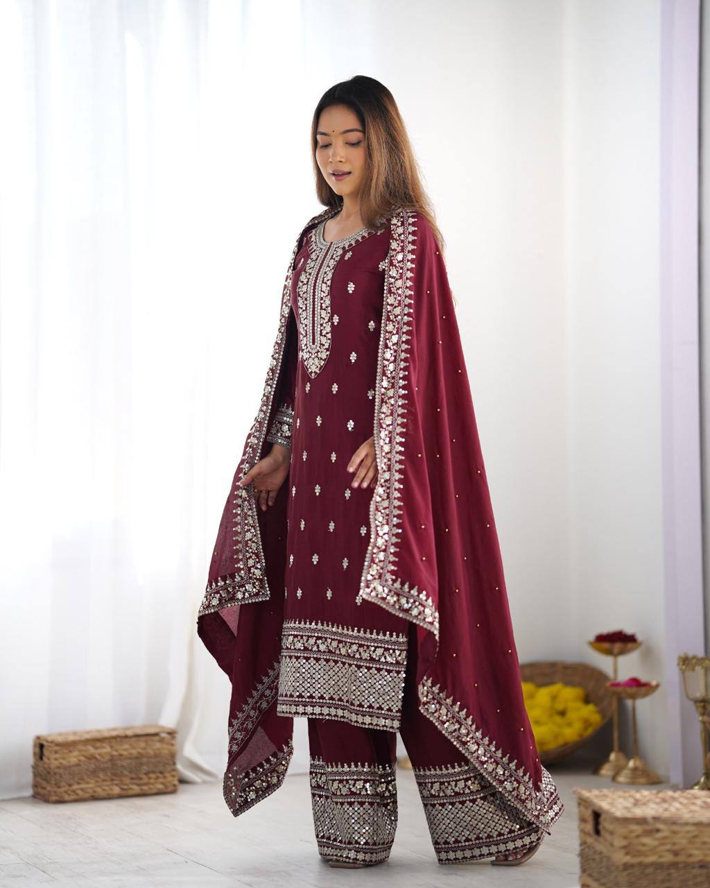 Teeya Creation Maroon Color Chinnon Silk Embroidery Work Fully Stitched Salwar Suit | Grocsy