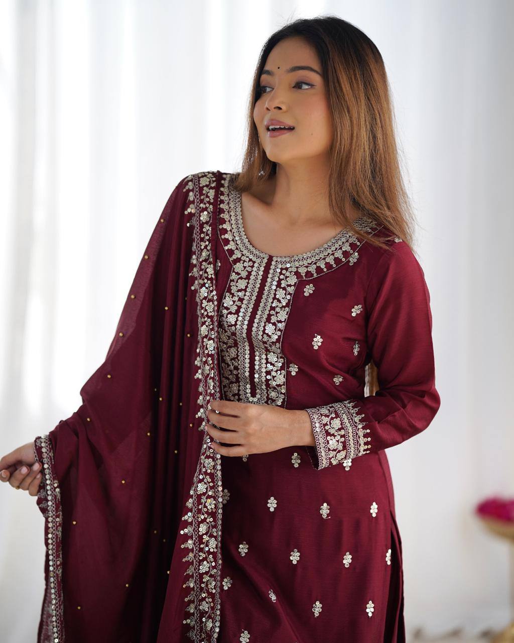 Teeya Creation Maroon Color Chinnon Silk Embroidery Work Fully Stitched Salwar Suit | Grocsy
