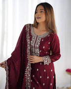 Teeya Creation Maroon Color Chinnon Silk Embroidery Work Fully Stitched Salwar Suit | Grocsy