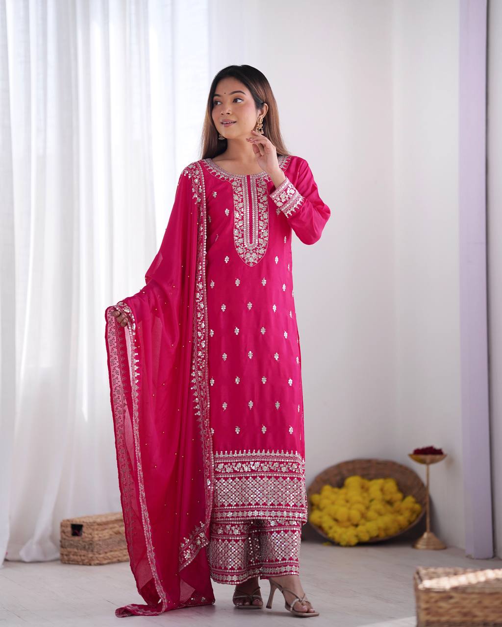 Teeya Creation Rani Color Chinnon Silk Embroidery Work Fully Stitched Salwar Suit | Grocsy
