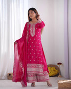Teeya Creation Rani Color Chinnon Silk Embroidery Work Fully Stitched Salwar Suit | Grocsy