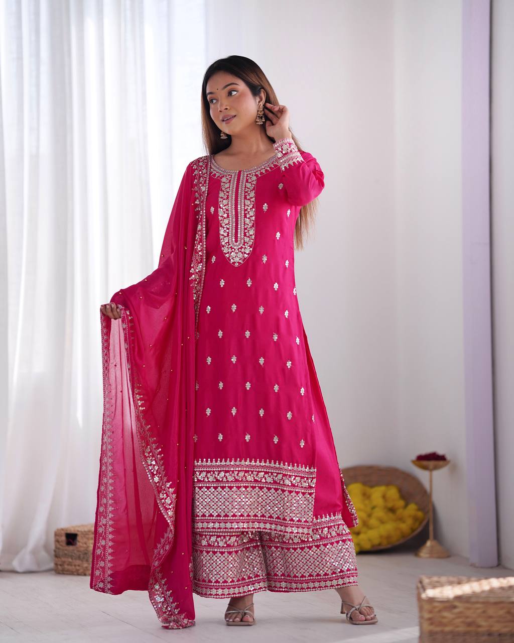 Teeya Creation Rani Color Chinnon Silk Embroidery Work Fully Stitched Salwar Suit | Grocsy
