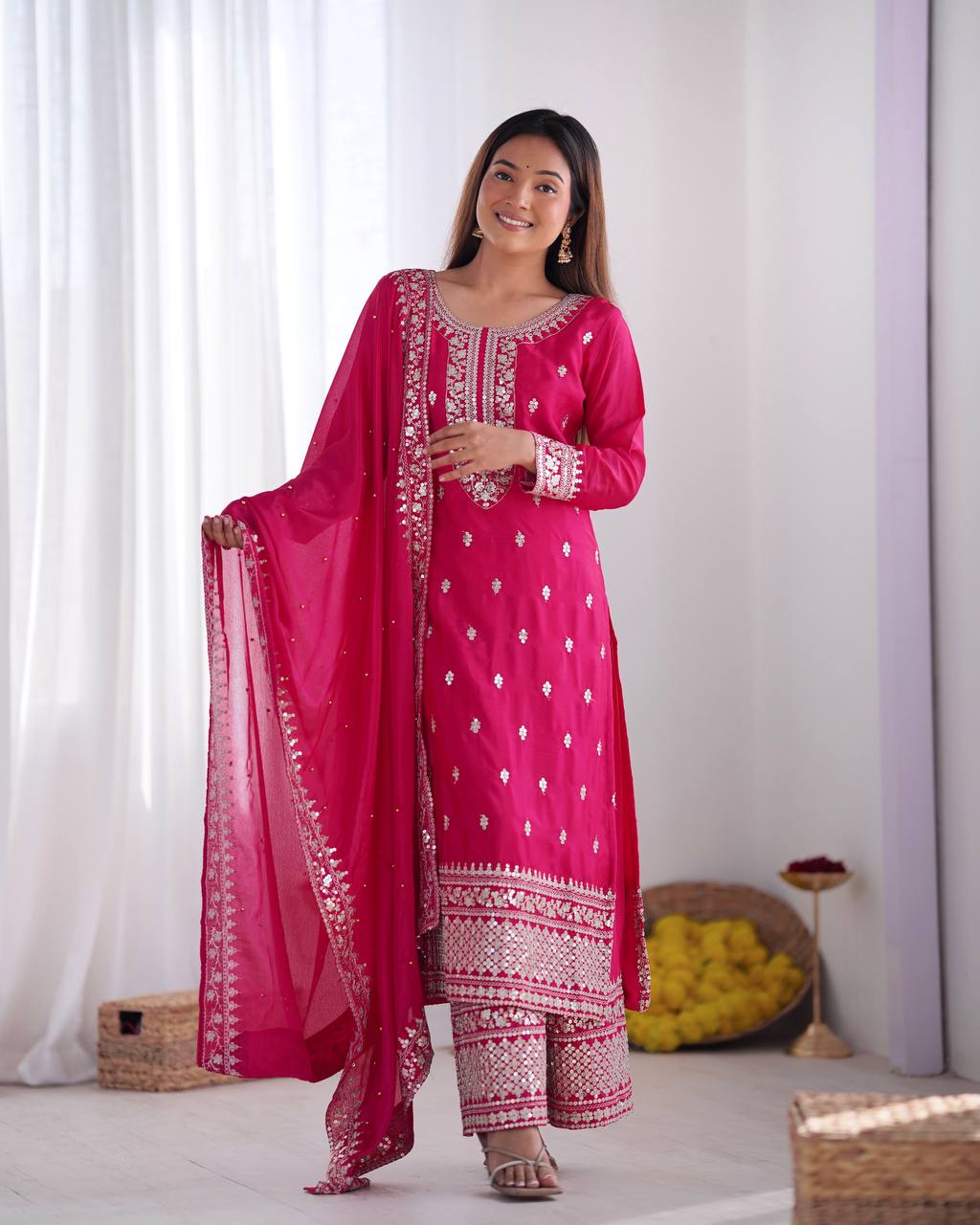 Teeya Creation Rani Color Chinnon Silk Embroidery Work Fully Stitched Salwar Suit | Grocsy