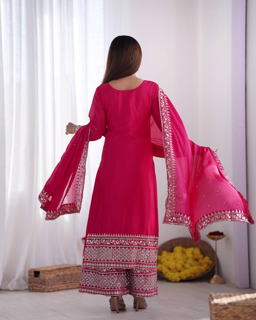 Teeya Creation Rani Color Chinnon Silk Embroidery Work Fully Stitched Salwar Suit | Grocsy