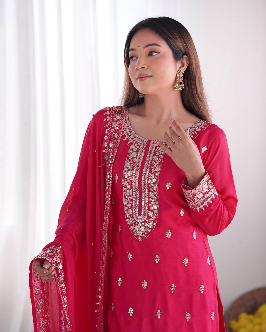 Teeya Creation Rani Color Chinnon Silk Embroidery Work Fully Stitched Salwar Suit | Grocsy