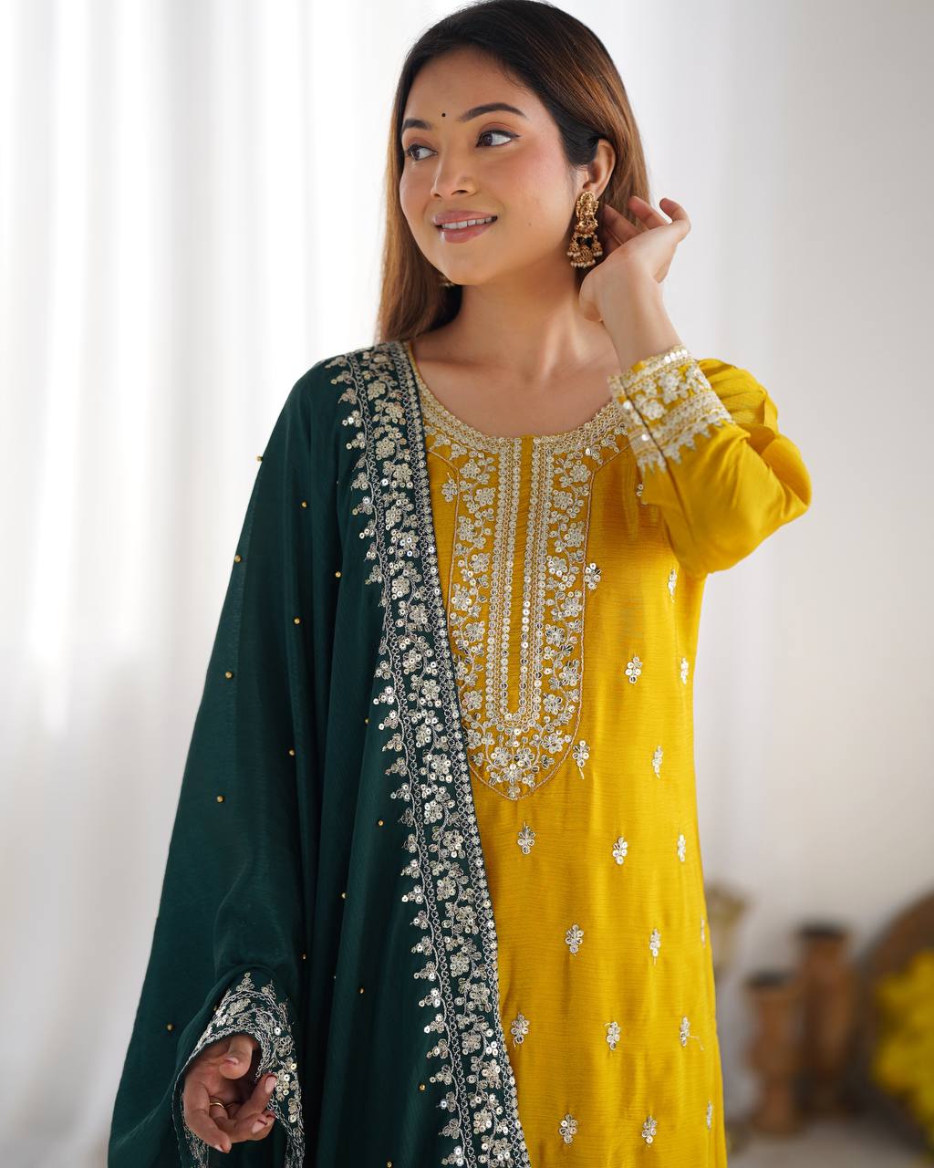 Teeya Creation Yellow Color Chinnon Silk Embroidery Work Fully Stitched Salwar Suit | Grocsy