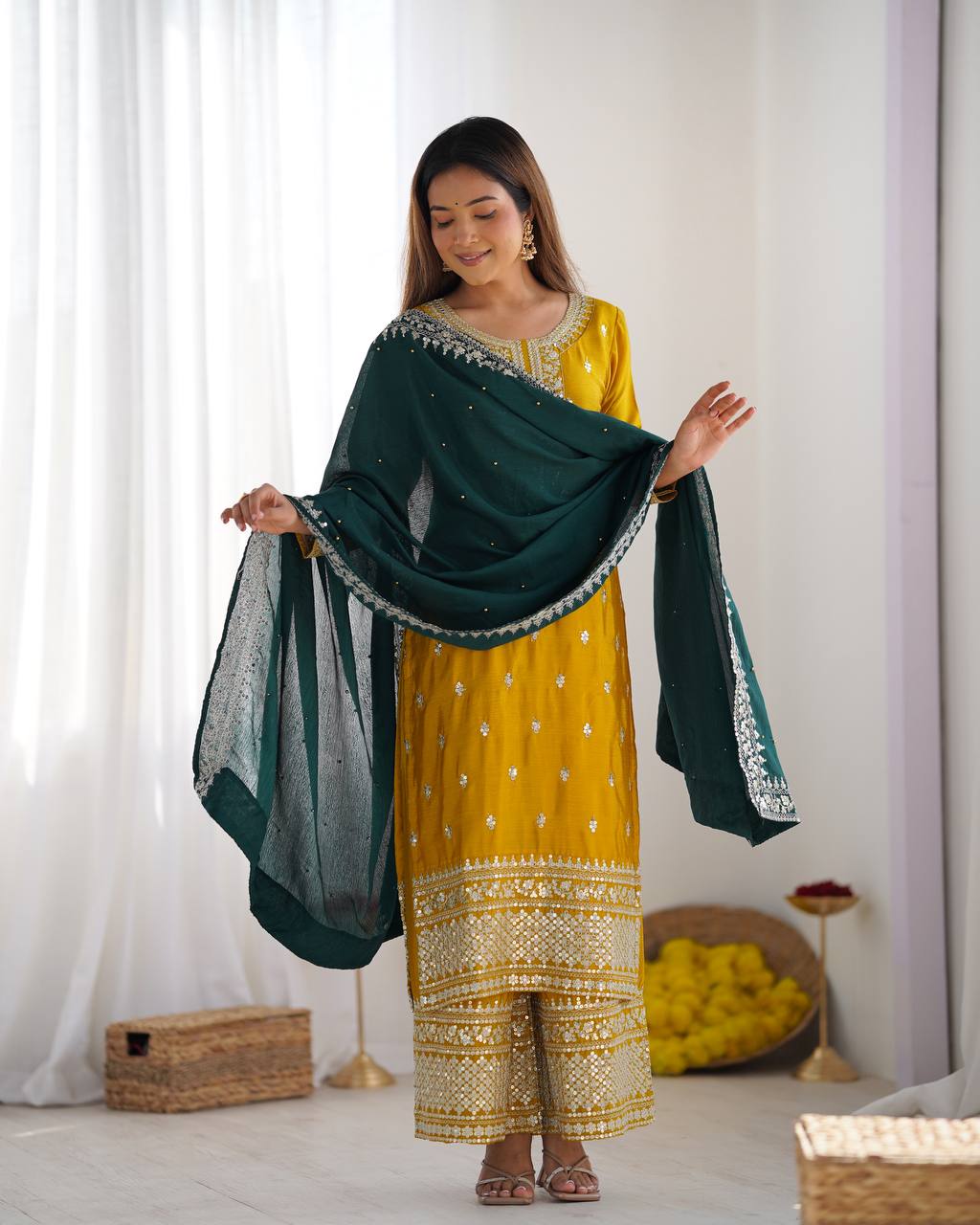 Teeya Creation Yellow Color Chinnon Silk Embroidery Work Fully Stitched Salwar Suit | Grocsy